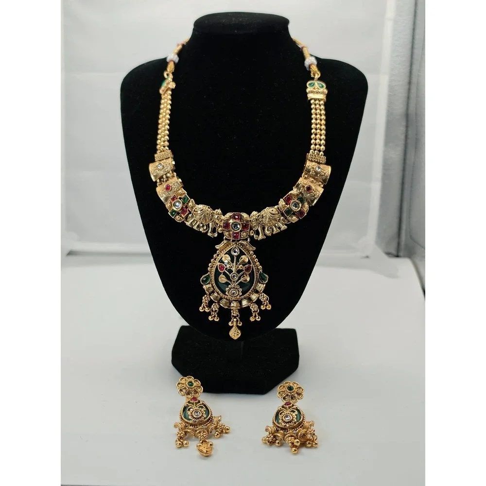 Indian Kundan Style Elephant Necklace Earrings Set Gold Tone Green Red Bridal
